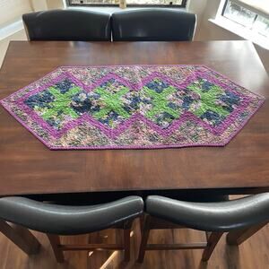 Handmade Quilted Table Runner Purple Green Reversible Floral Cottagecore 20"x49"